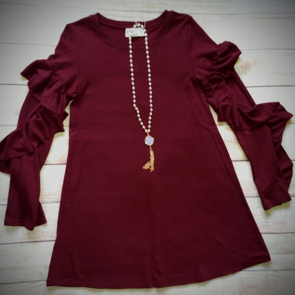 Burgundy ruffle sleeve dress